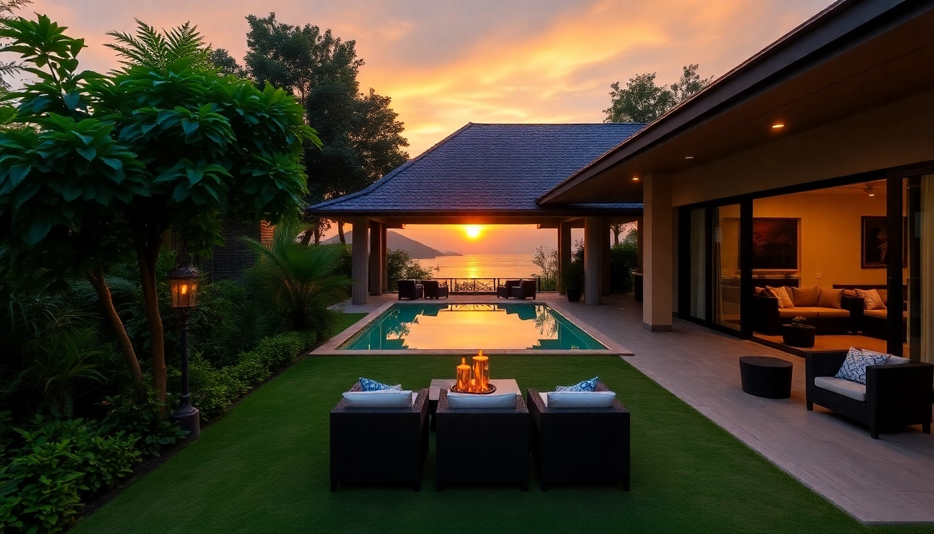Villa property management showcasing a luxury villa in Phuket with lush gardens and sunset lighting.