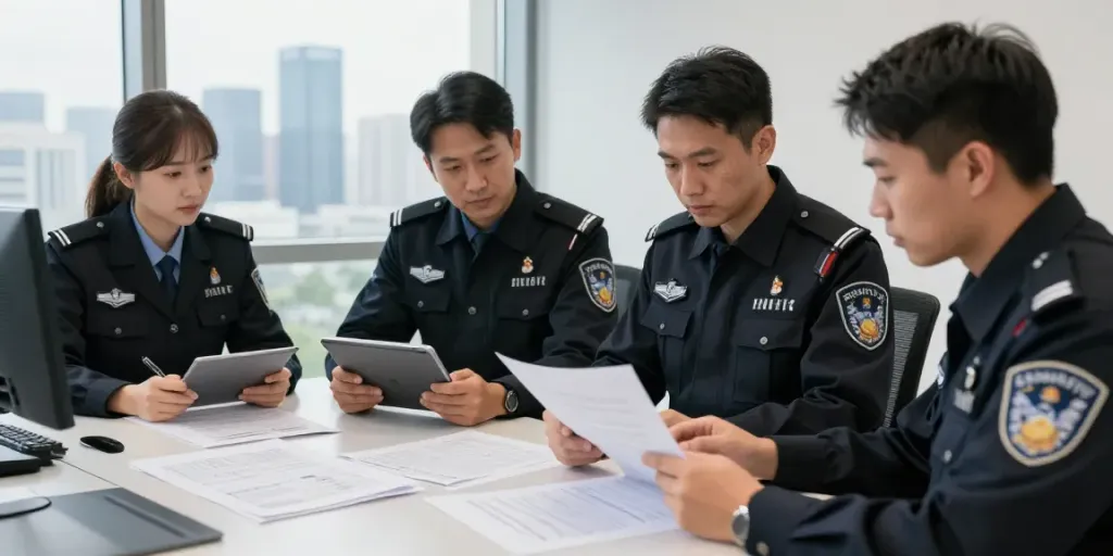 Security Guards discussing plans in a professional setting, local services provider.