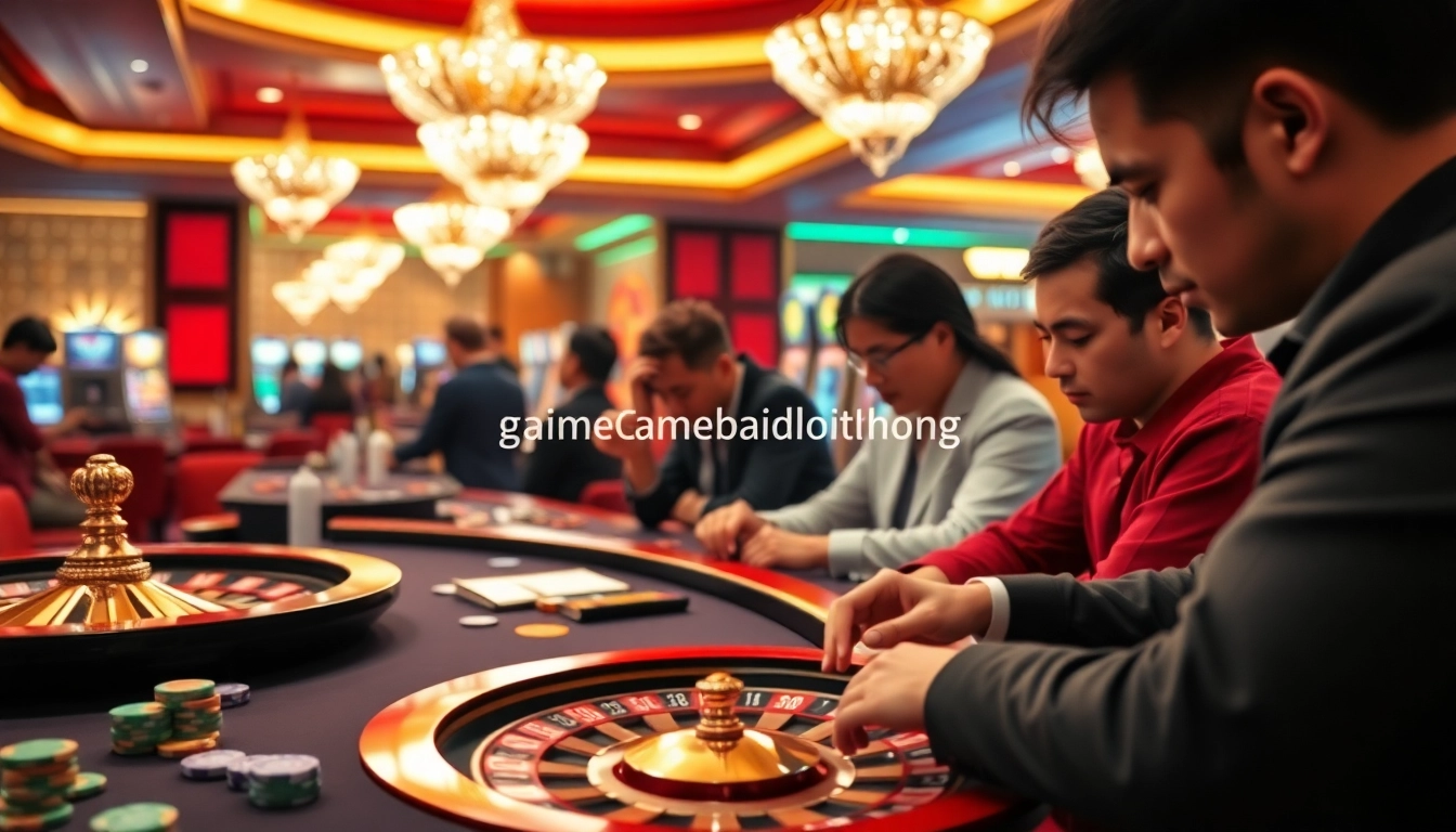 Experience the excitement of gamebaidoithuong with vibrant casino tables, poker chips, and engaging players.