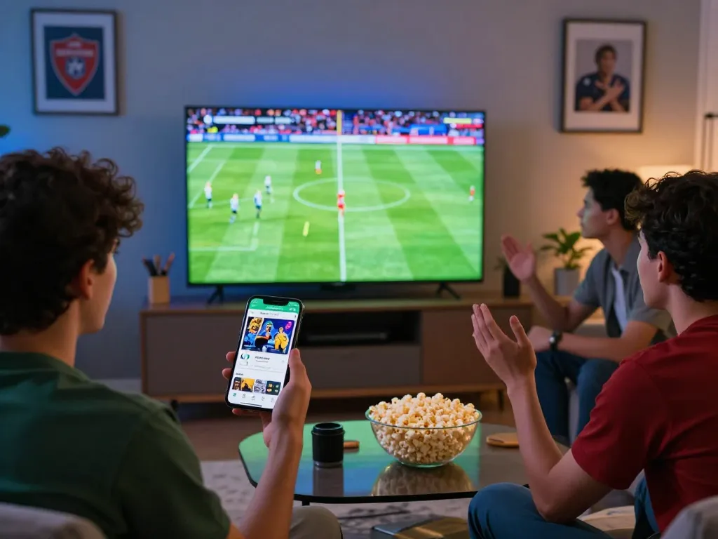 Fan enjoying Cakhiatv live football match in a vibrant living room setting.