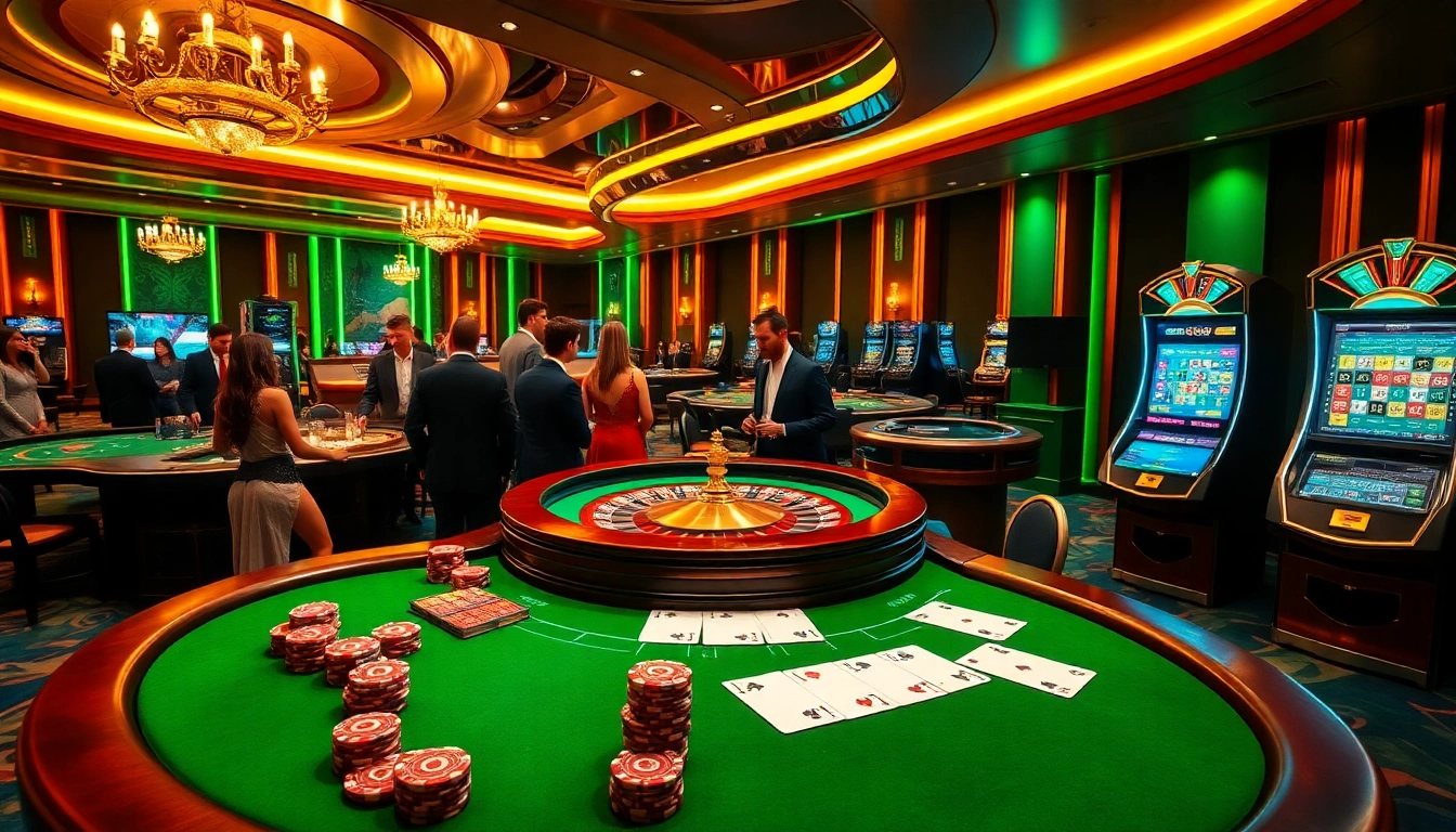 Experience CM88 excitement at a luxurious casino with roulette and poker tables.