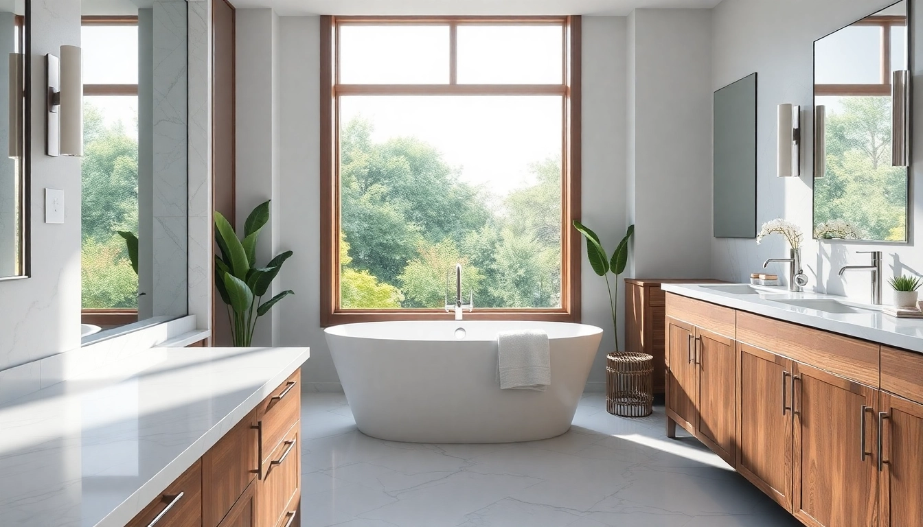 Experience the beauty of Bathroom Remodeling with a luxurious modern bathroom featuring a freestanding tub.
