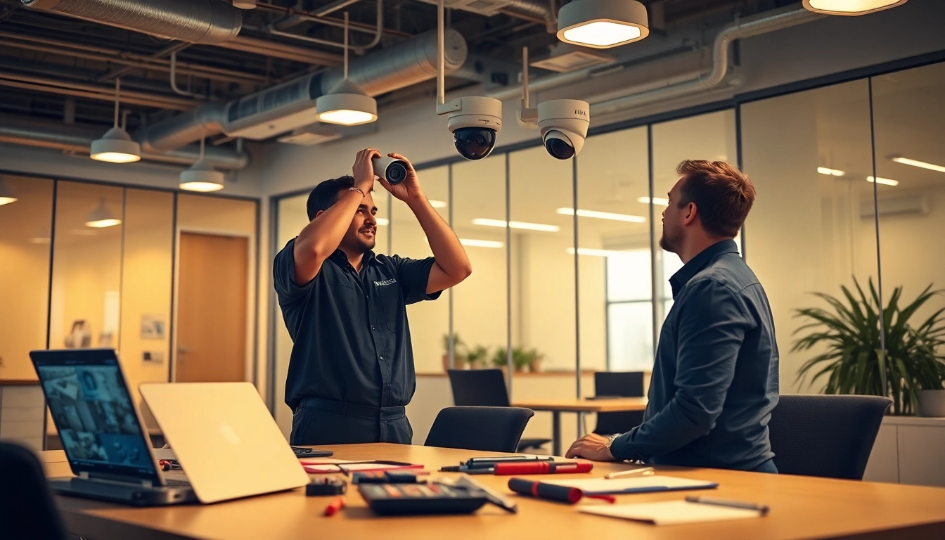 Instalación de soporte técnico en cámaras de seguridad en un entorno de oficina moderno con tecnología confiable.