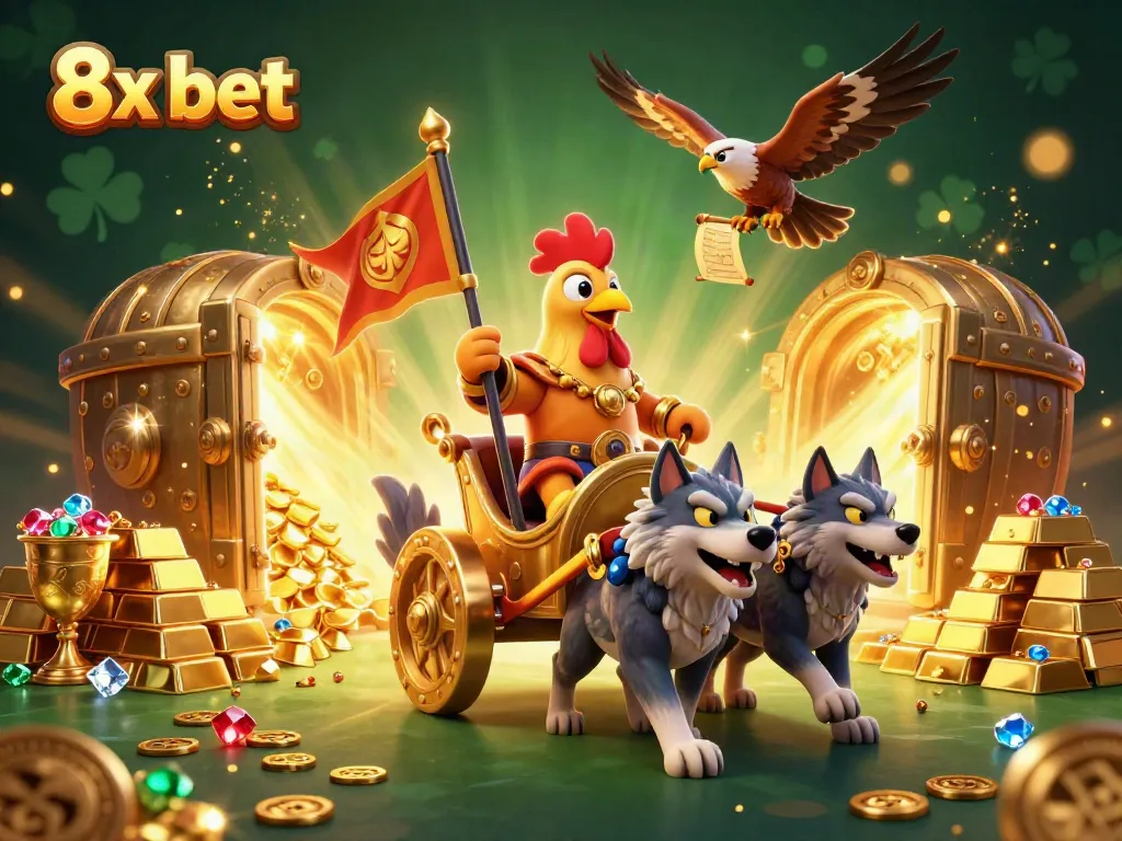 Experience high-stakes action with 8x bet as a rooster warlord leads a treasure hunt in a dazzling casino.