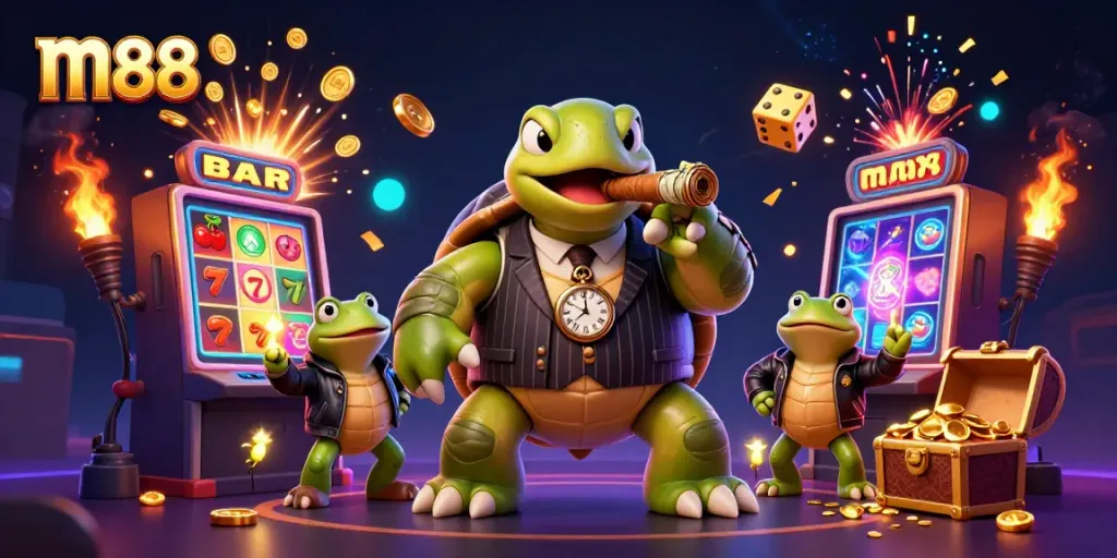 Experience thrilling wins with m88 in this vibrant casino scene featuring unique characters and games.