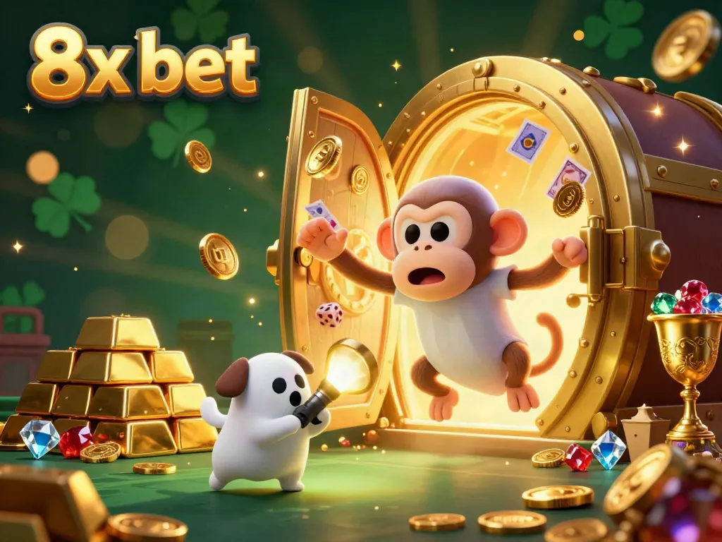 Engage with the immersive scene of "8x bet", where a mischievous monkey juggles golden casino elements in a haunted setting.