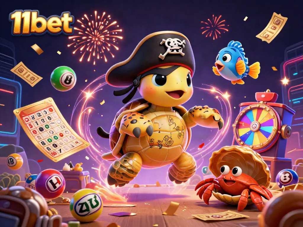 Experience thrilling gaming opportunities with 11bet's vibrant scene of fun and excitement in a visually dynamic illustration.