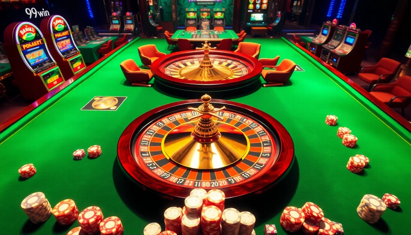 Engage in thrilling casino action with 99win, featuring poker chips, a roulette wheel, and vibrant tables.