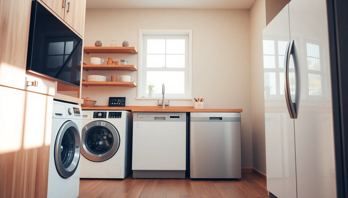 Showcase bяла техника with modern dishwashers and refrigerators in a stylish kitchen setting, emphasizing quality and design.