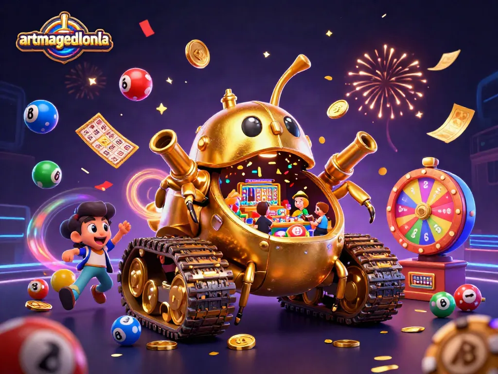 Experience the excitement of artmageddonla with a dynamic illustration of a mini casino in a golden beetle tank, bursting with celebratory elements.