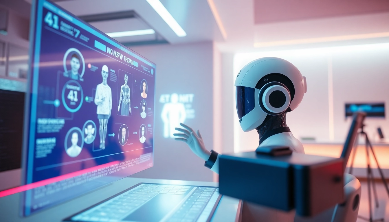 NSFW AI interface featuring user interaction with digital characters in a futuristic setting