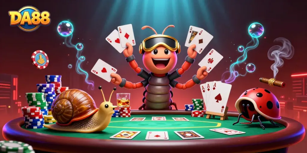 Engage with DA88 as a cartoon millipede dealer captivates players at a vibrant poker table.