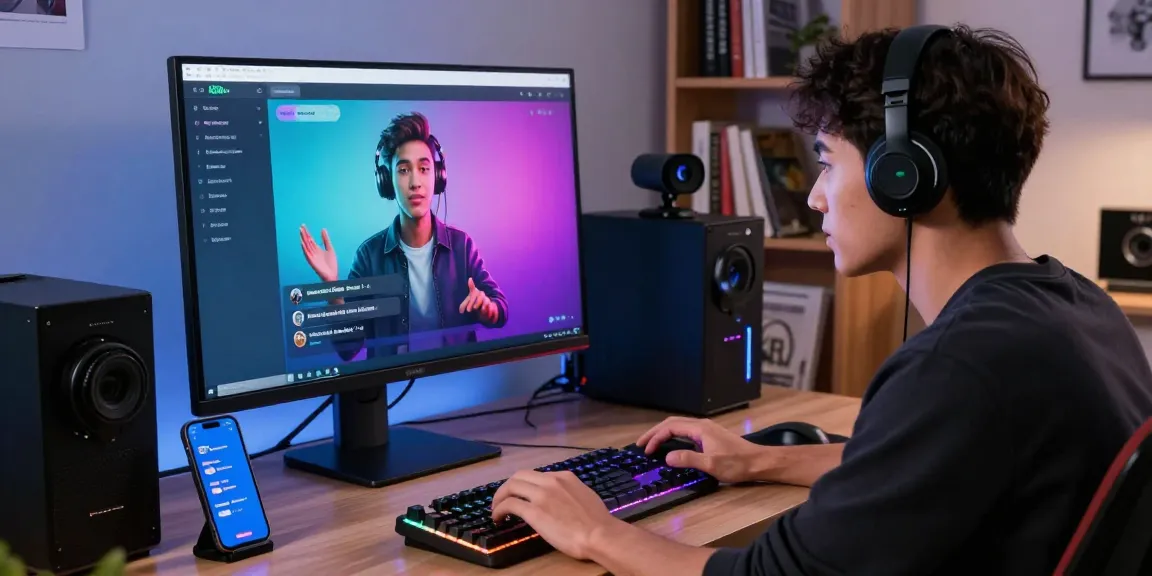 Young adult engaging with NSFW AI platform on stylish computer setup, featuring vibrant chat visuals and gaming peripherals.