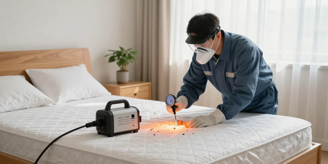 Technician performing bed bug heat treatment ensuring effective pest control in a cozy bedroom.