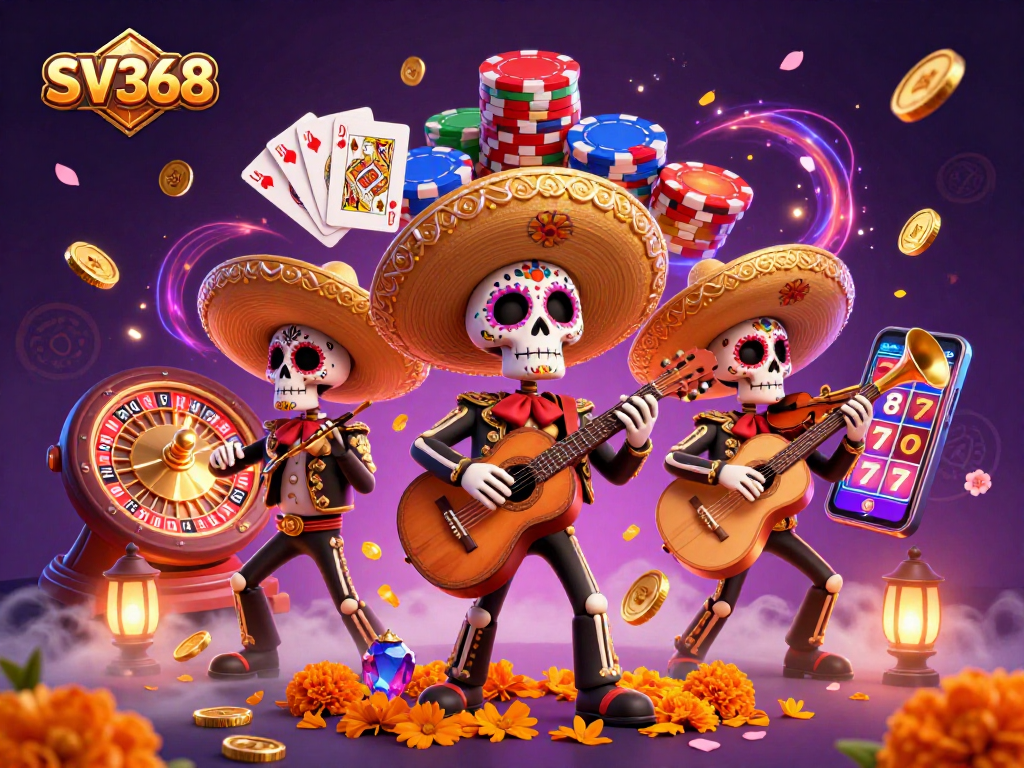 Engage with SV368's vibrant casino scene featuring dynamic mariachi characters amidst golden coins and festive energy.