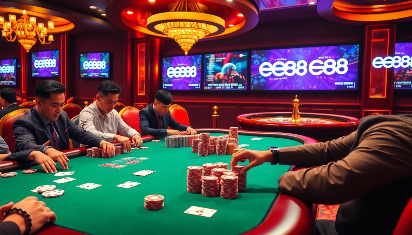 EE88 poker table action with vibrant chips and cards in a luxurious casino setting