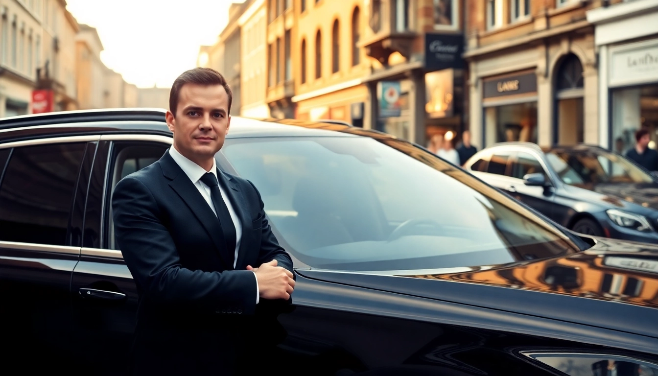 Chauffeur Hire Nottingham with a professional driver in a luxury vehicle on a vibrant city street.