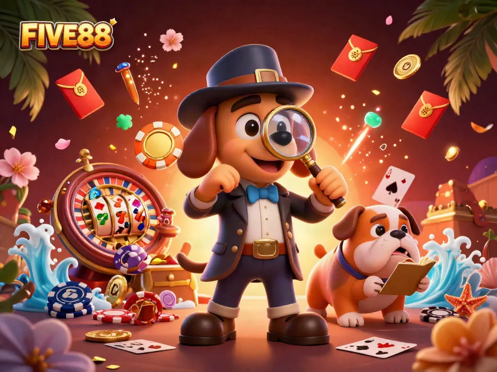 Engage with the dynamic gaming adventure of FIVE88, exploring vibrant casino elements and clues.