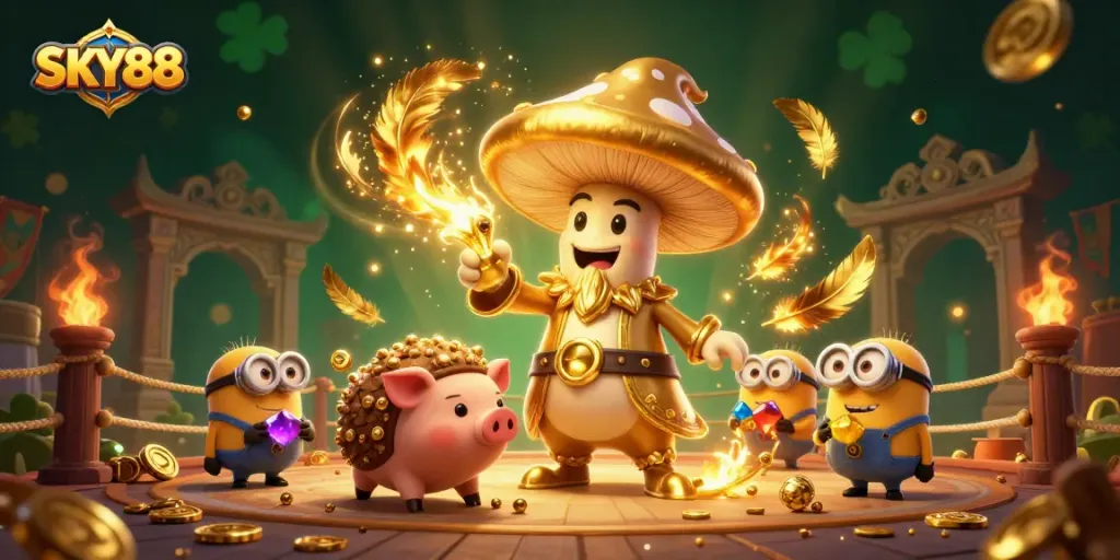 Engage with the vibrant world of SKY88, where a golden wizard conjures treasures amidst exciting casino elements.