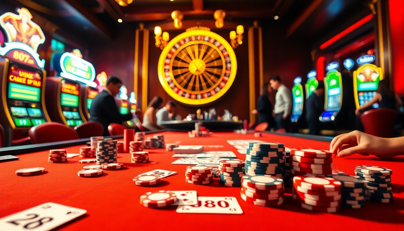 Exciting gambling scene with VJ88 branding, featuring poker chips and a roulette wheel.