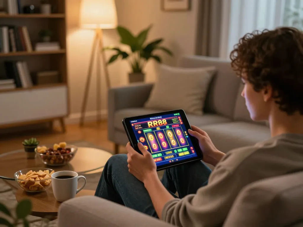 Player engaging in RR88 online slots on a tablet in a cozy home setting, showcasing an immersive gaming experience.