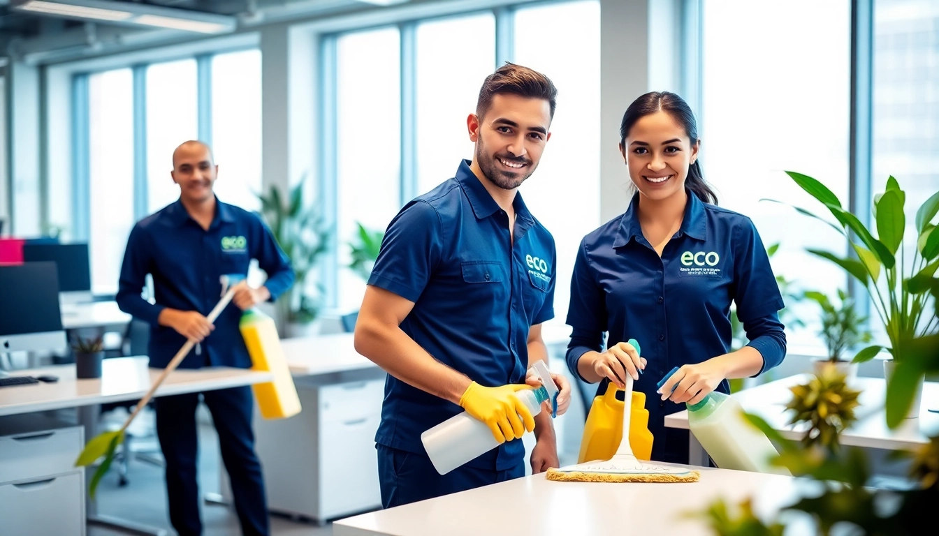 Professional team providing commercial cleaning services in a bright office space.