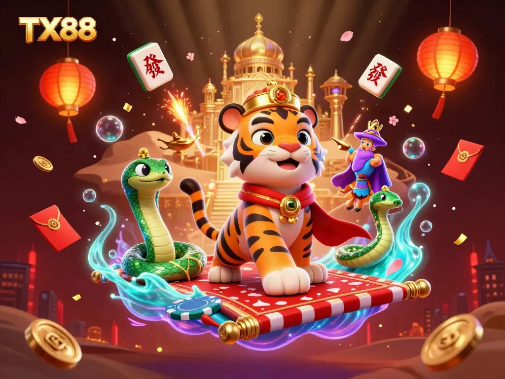 TX88 showcases vibrant casino excitement with a sultan on a poker chip carpet amidst gold treasures.