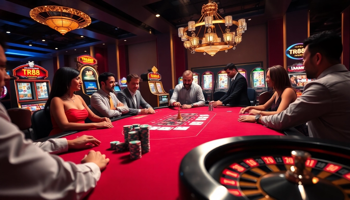 Engaging casino scene highlighting TR88 strategies at a vibrant poker table.