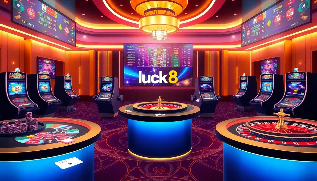 Engaging scene of thrill and luxury at luck8 online casino with vibrant gaming tables and slot machines.