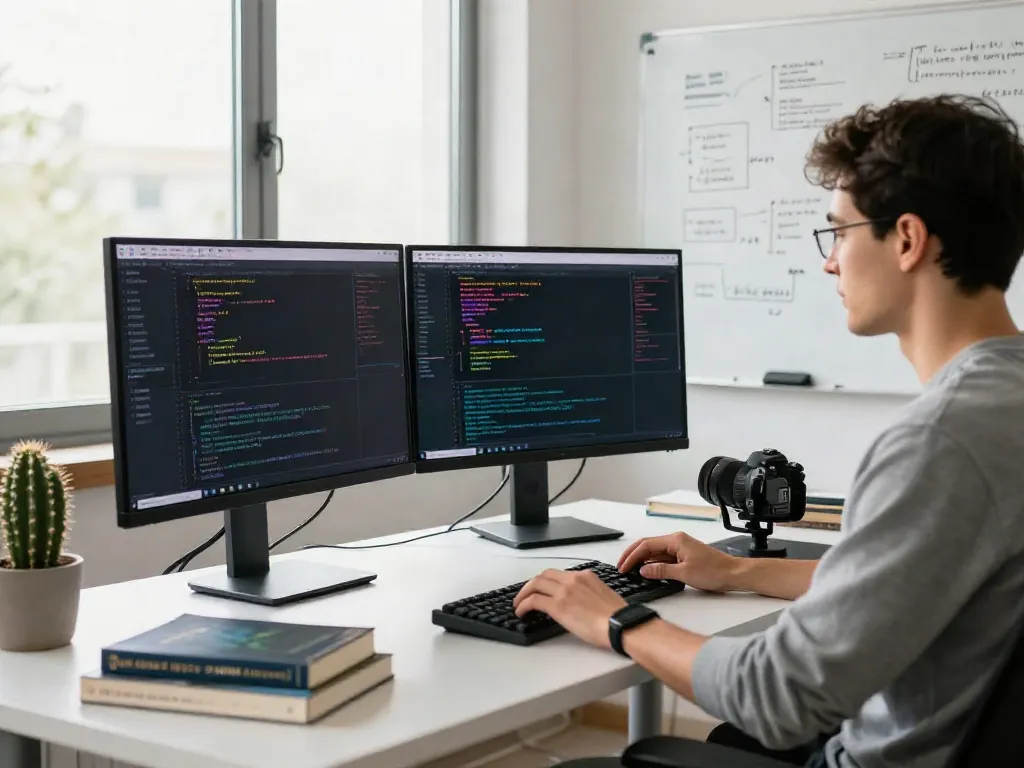 Software developer optimizing instant indexing solutions in a modern tech workspace filled with code and analytics.