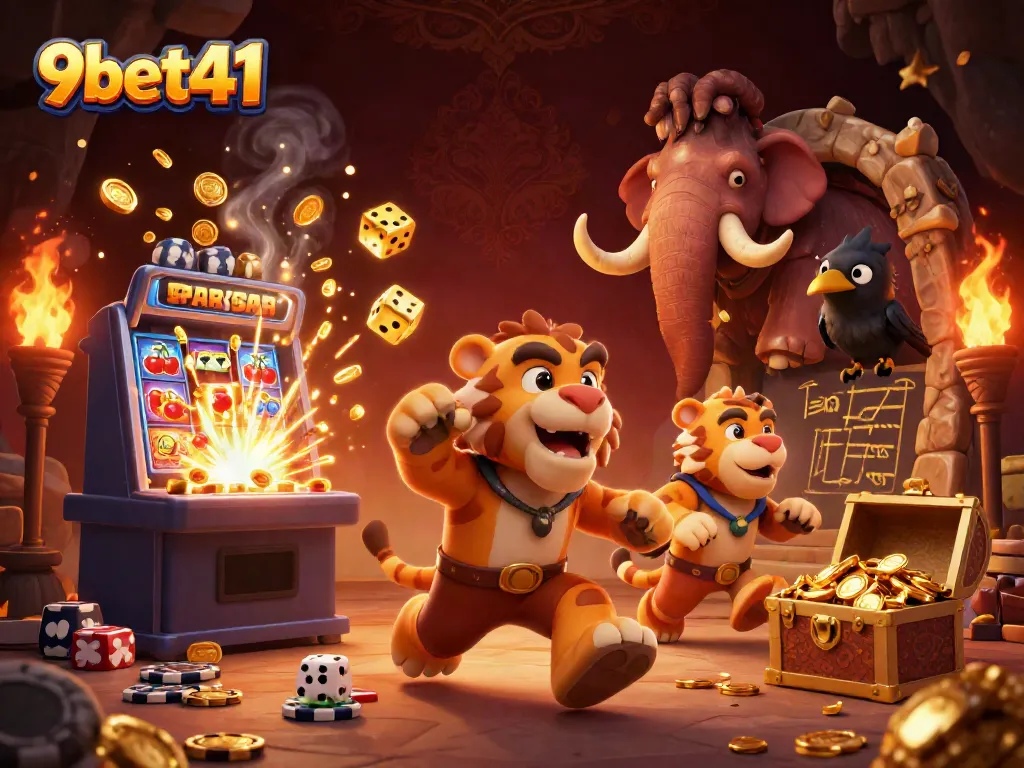 Experience thrilling 9bet41 action in a prehistoric casino with vibrant game visuals and characters.