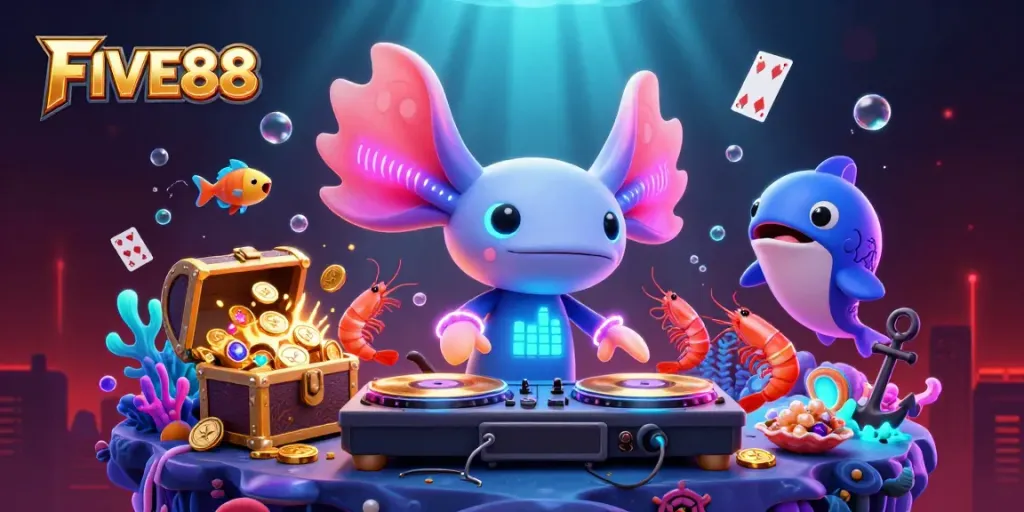 Engage with FIVE88's vibrant underwater casino scene featuring neon elements and treasure.