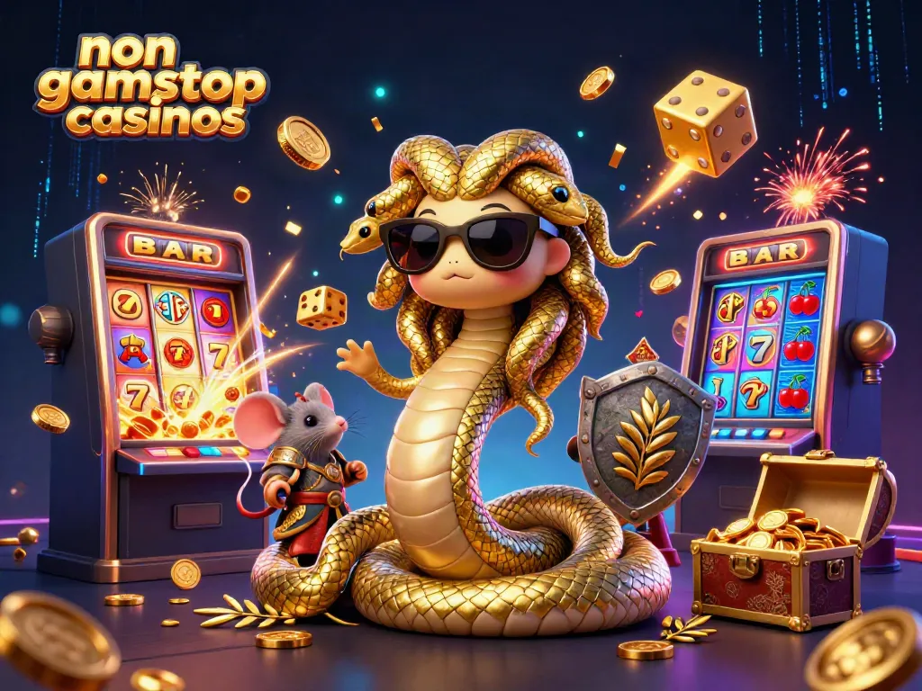 Experience the vibrant allure of non gamstop casinos with Medusa and a warrior amidst dynamic slot elements.