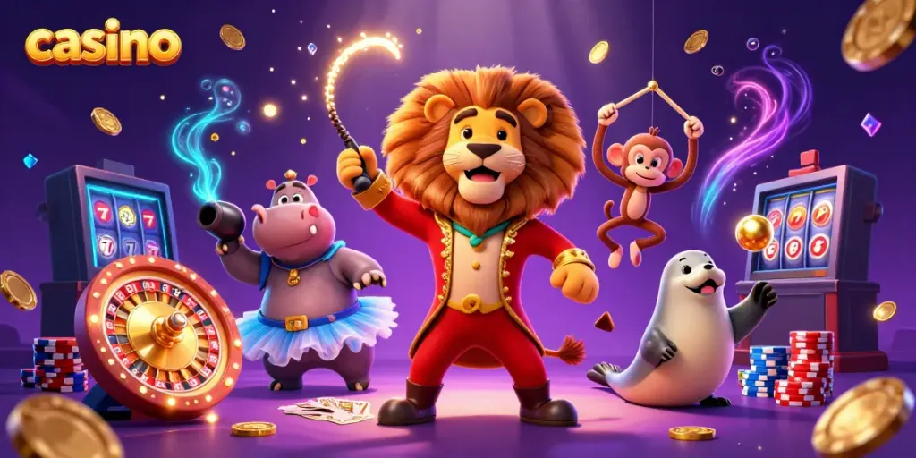 Experience the ultimate casino thrill with a vibrant circus-themed 3D illustration showcasing joyous characters and gaming elements.