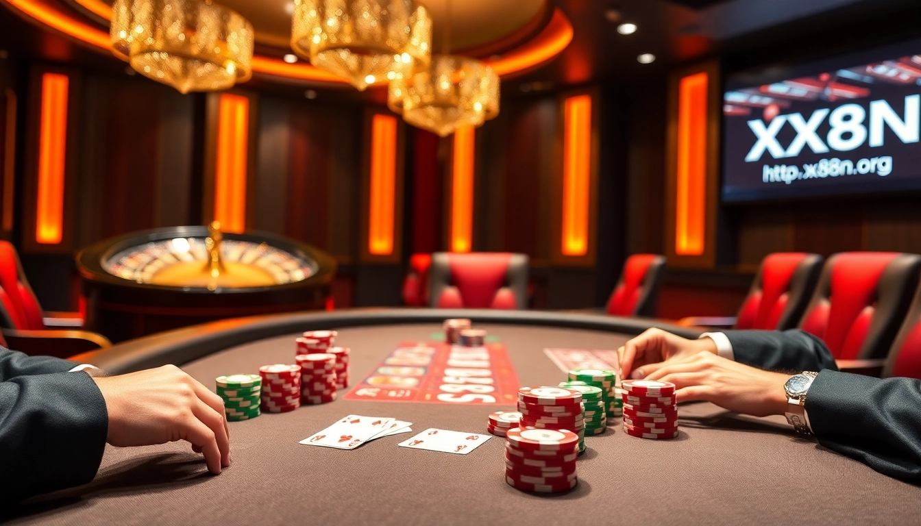 Intense poker action at a luxurious casino table, featuring elements of https://xx88n.org/ with vibrant chips and high-stakes gameplay.