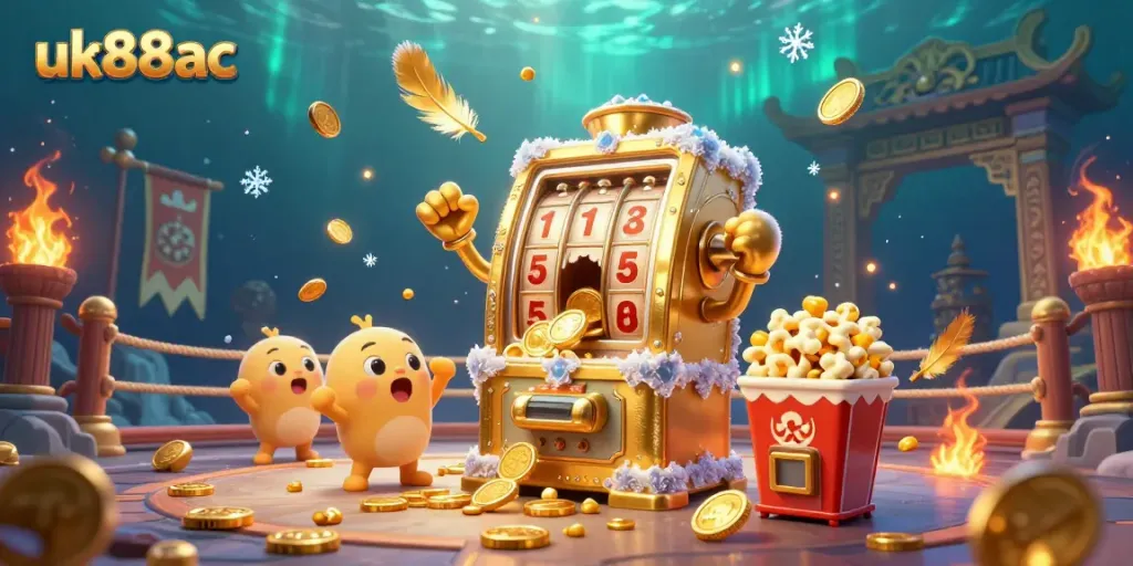 Experience excitement at uk88ac with a shocked golden slot machine hitting a jackpot, surrounded by cheering machines and vibrant casino elements.