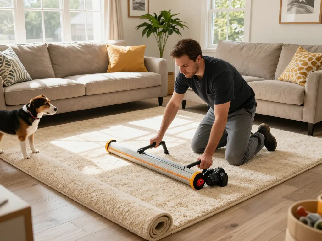 Residential carpet installation in a cozy living room with a professional installer, plush carpet, and inviting décor.