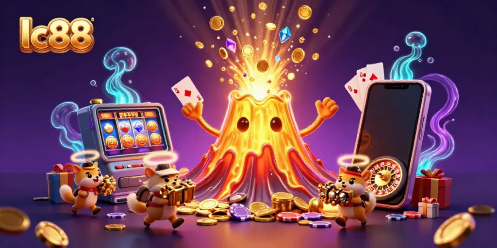 Experience lc88 with a golden volcano erupting treasure amidst vibrant casino elements in a dynamic, rich scene.