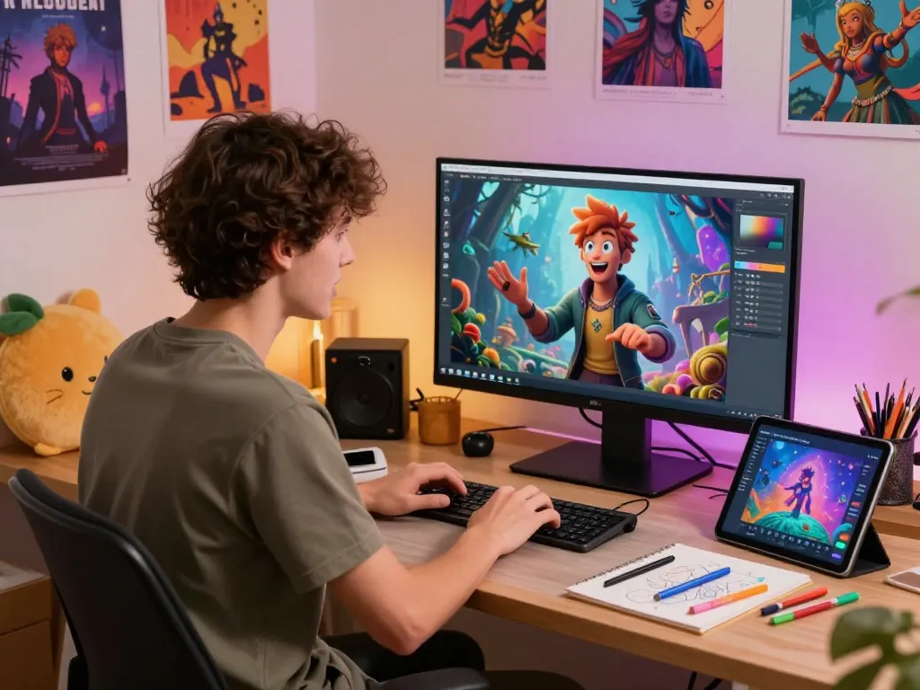 Engaging NSFW AI conversation scene showcasing a user interacting with advanced AI in a vibrant home office.