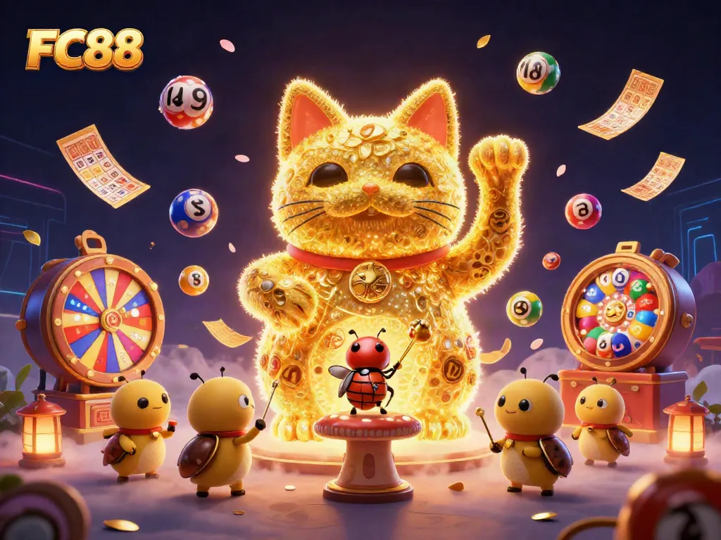 Experience thrilling gaming at FC88 with vibrant lottery balls and a giant lucky cat illustration.