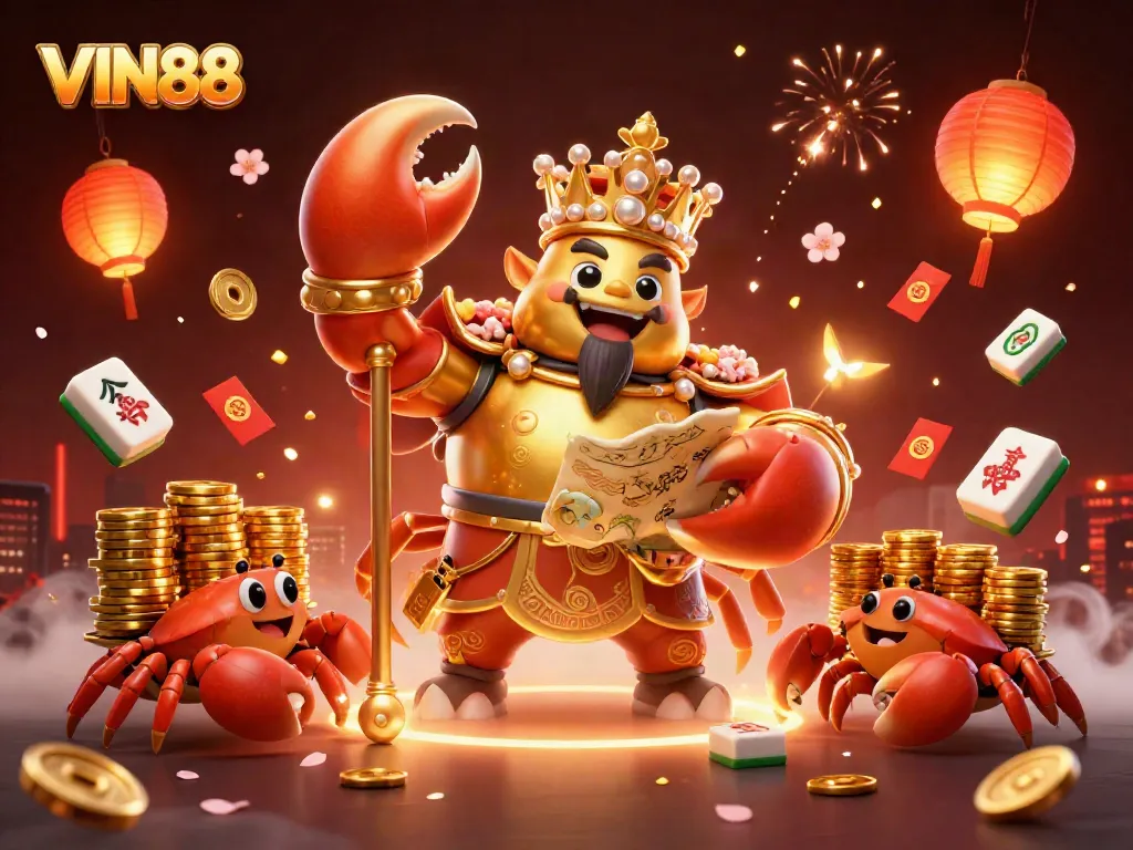 Engage with VIN88's vibrant casino adventure featuring a golden crab emperor and treasure elements.
