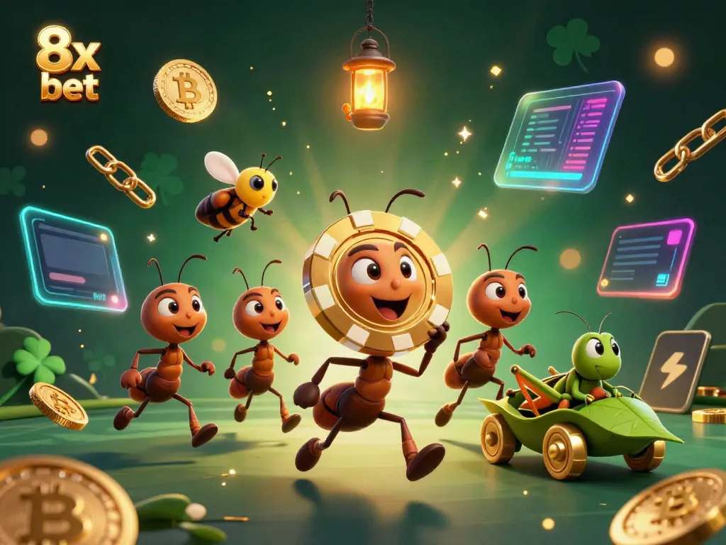 Engaging illustration of 8x bet with ants carrying a giant poker chip in a vibrant casino-themed scene.