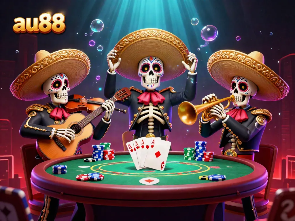 Experience excitement at au88 with colorful skeleton mariachi band amidst a lively poker scene.