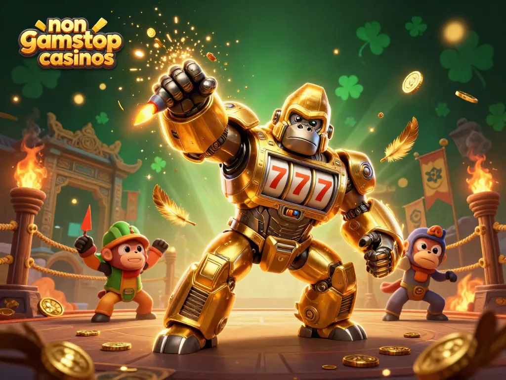 Experience thrilling action at non gamstop casinos with a dynamic scene of a golden gorilla mech and festive casino elements.