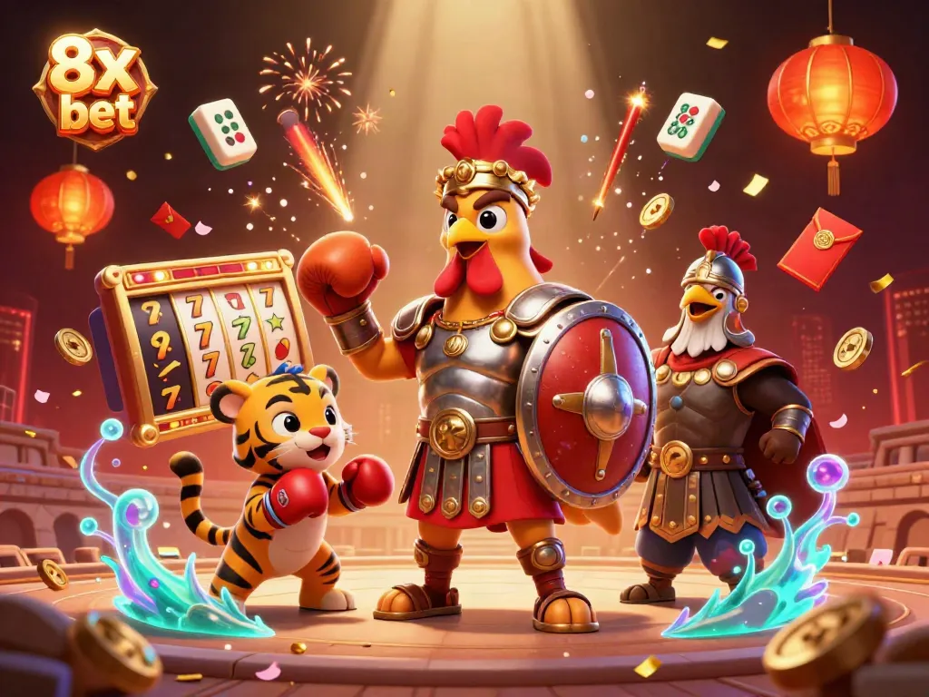Engage in betting action with 8x bet featuring a dynamic scene of a gladiator rooster, tiger cub, and golden casino elements.