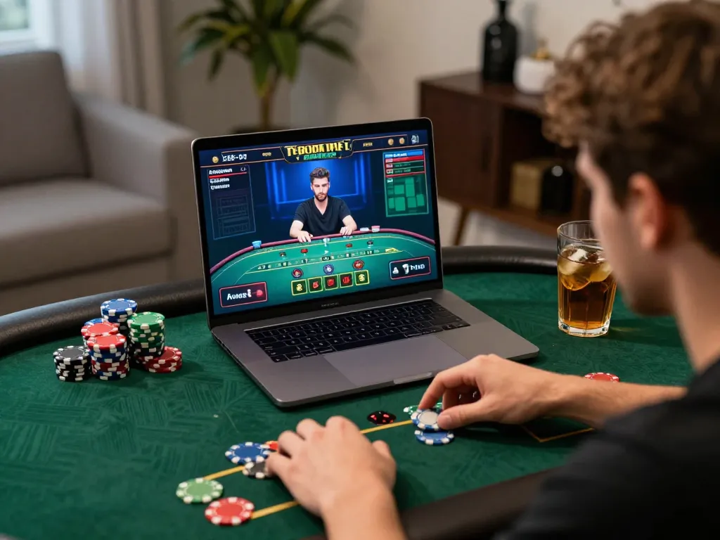 Player engaged in live dealer game at tg88, showcasing online gambling excitement and strategic gameplay.