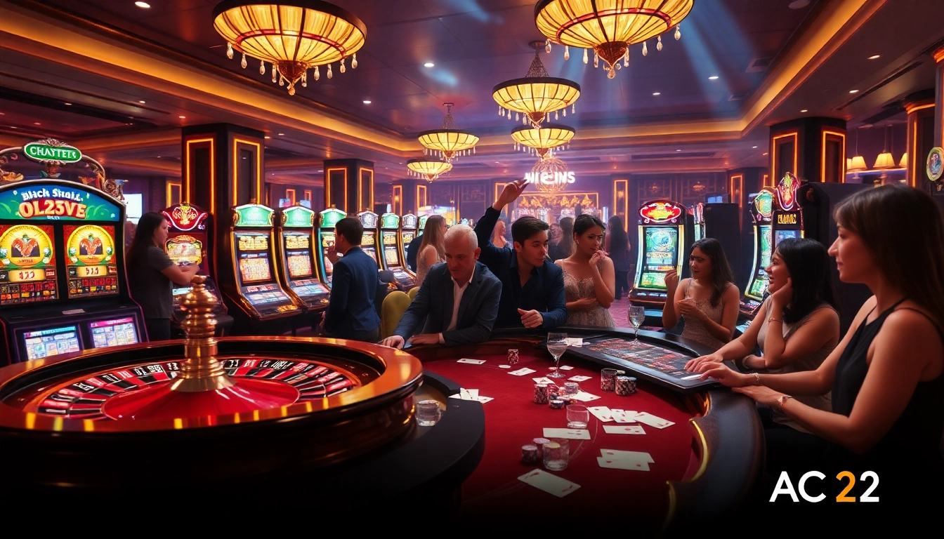 Exciting casino scene featuring various games with KJC AC 2 elements, showcasing roulette, poker, and slots.