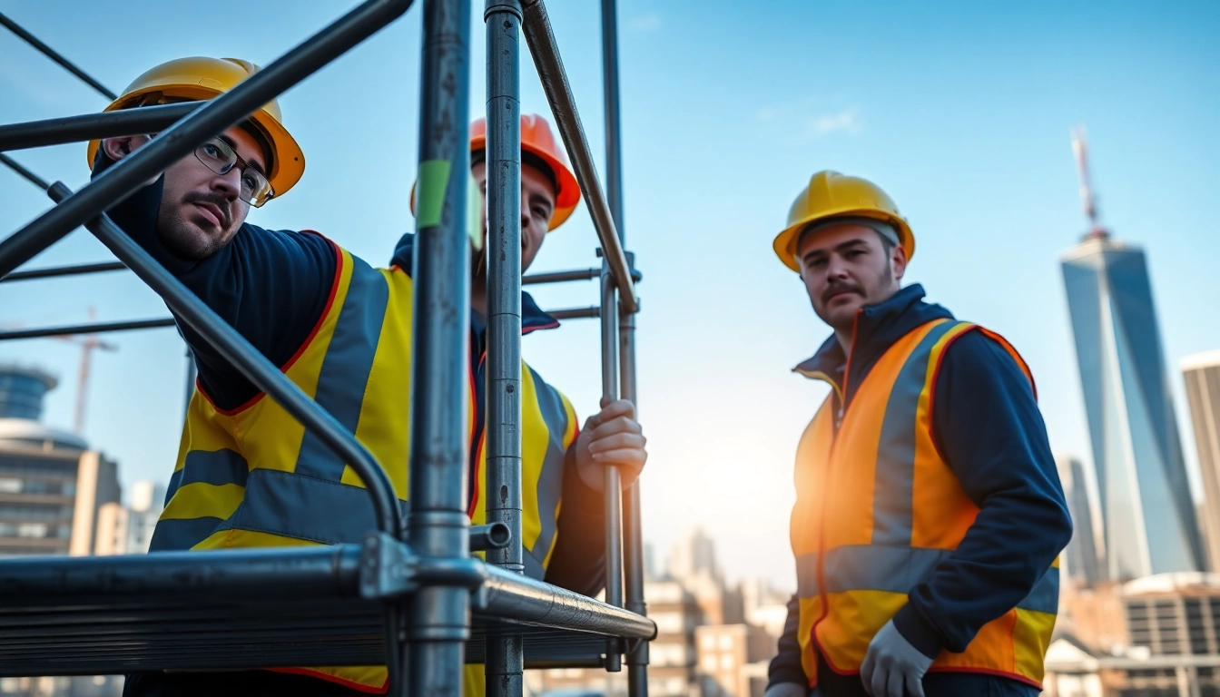 Scaffolders Manchester building sturdy scaffolding on a vibrant construction site.