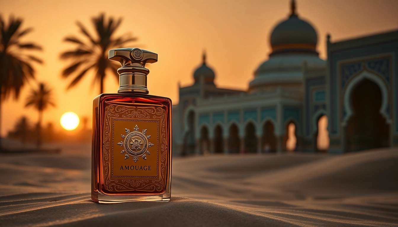 Admire the luxurious Amouage perfume bottle beautifully displayed against an Arabic architectural backdrop.