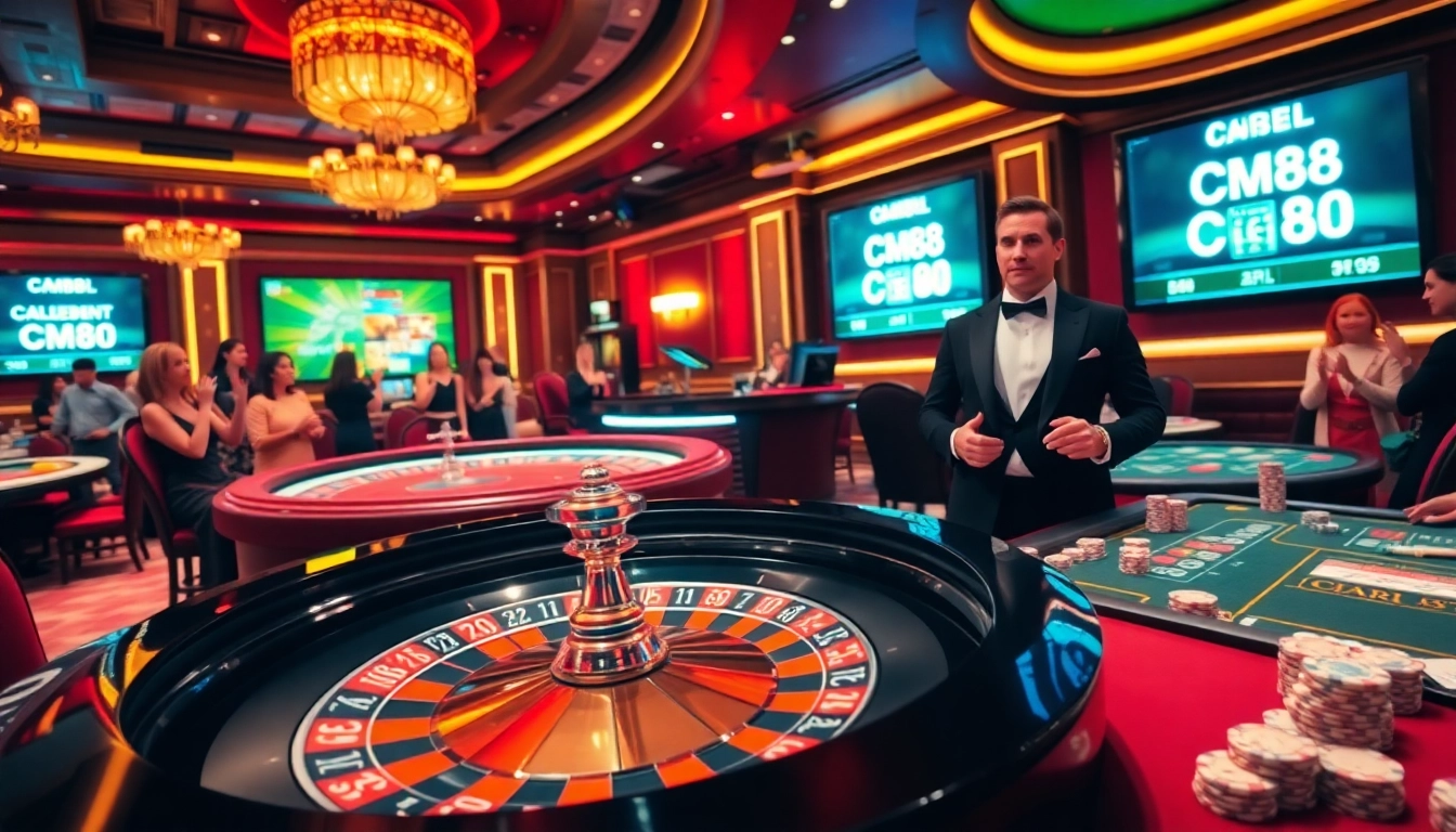 Exciting casino scene featuring CM88 branding amid roulette action and jubilant players.